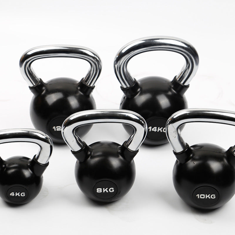 Set of black coated kettlebells with chrome handles in various weights for home gym strength training