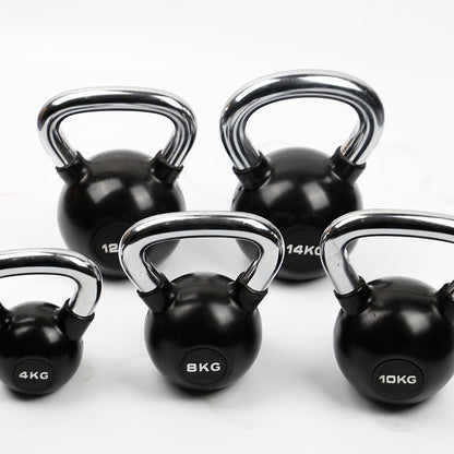 Set of black coated kettlebells with chrome handles in various weights for home gym strength training