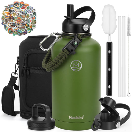 1.9 L Insulated Water Bottle with Straw Maxluke Stainless Steel Vacuum Water Jug with 3 Lids & Paracord Handle & Carrying Bag Metal Water Bottle for Sport Travel Gym Keep Cold 48H(Dark Pine)