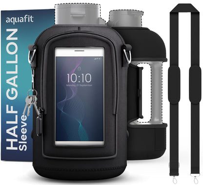 AQUAFIT 1.9L Water Bottle Sleeve Neoprene 1.9L Water Bottle Sleeve with Adjustable Shoulder Strap and Pocket 1.9L Water Bottle Sling Bag Water Jug Holder (Sleeve Only - No Bottle Black)