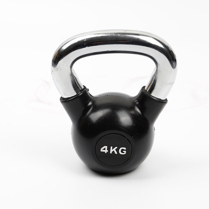Black kettlebell with weight label for fitness exercises in home gym