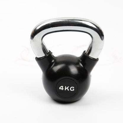 Black kettlebell with weight label for fitness exercises in home gym