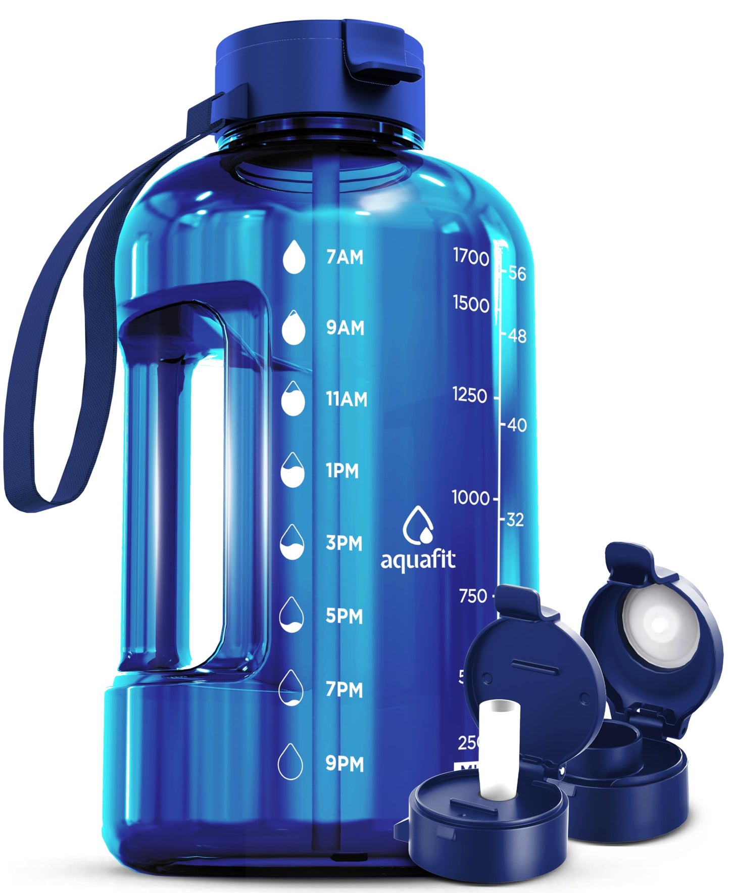 AQUAFIT 1.9L Water Bottle with Time Marker - Straw & Chug Lid - BPA Free 1.9L Water Bottle Big Water Bottle with Straw Gym Water Bottle with Handle Gallon Water Jug (Blue 1.9L)